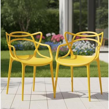 Imagem de Kit Conjunto 2 Cadeiras Allegra Polipropileno com Encosto Moderna Versátil para Sala de Jantar Cozinha Bar Restaurante Jardim Varanda Cafeteria Shopping Salão de Festas Amarela