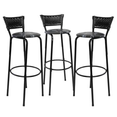Imagem de Kit 3 Banquetas Altas 80cm Estrutura Preta Encosto Junco Preto Ideal Bancada Cozinha Americana Bares Balcão Ilha Área Gourmet Piscina Itagold (Assento Floral Preto)