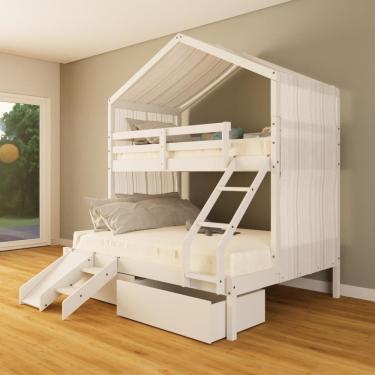 Imagem de Beliche Casal/ Solteiro Casinha com Cortina Gavetas e Kit Escada/Escorregador Madeira Maciça Branco Megamobilia
