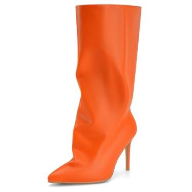 Imagem de Perisis Botas femininas despojadas cano médio pretas longas de puxar salto agulha bico fino botas de tubarão para mulheres sexy moda, Laranja, 34