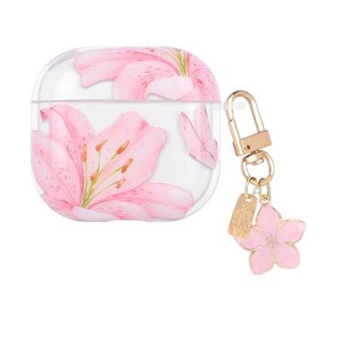 Imagem de CameCosy Capa transparente compatível com AirPods 4 geração 2024 com pingente de flor, linda capa com estampa de flor de lírio rosa para meninas, capa protetora em TPU antiderrapante à prova de choque