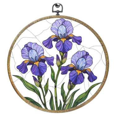 Imagem de Presentes de flor de íris roxa, decoração de flores, decoração de parede redonda emoldurada arte de parede em tela impressões para decoração de sala de estar em casa berçário quarto jardim porta sala