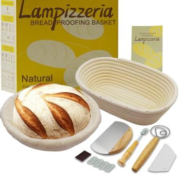Imagem de LAMPIZZERIA Kit de presente redondo e oval de vime Banneton com acessórios – Suprimentos à prova de pão de fermento (23 cm e 25 cm, forros, raspadores, coxos) natural para padeiros domésticos