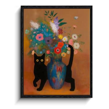 Imagem de CYFDYVT Arte de parede engraçada de gato preto, 20 x 25 cm, estampa de arte texturizada inspirada em vaso de flores silvestres, pintura floral e gato para sala de estar, quarto, decoração de parede
