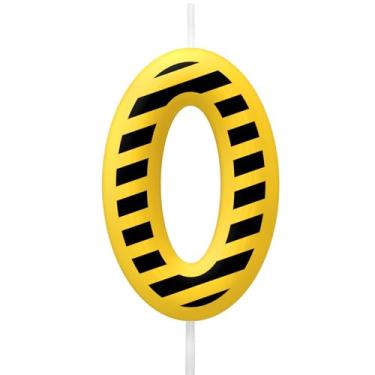 Imagem de Velas de aniversário de construção, velas números 0, topo de bolo listrado amarelo e preto para meninos e meninas, decoração de artigos de festa de aniversário de construção