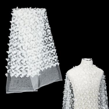 Imagem de letsinstyle Tecido de renda bordado borboleta 3D de 1 jarda de 1,7 m de largura, tecido de renda gradiente bordado de tule de malha, decoração de costura de malha branca para acessórios de fantasia de