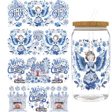 Imagem de Adesivos DTF UV de Natal - 4 folhas de copos UV DTF azuis de Natal para vidro de 473 ml, decalques DIY para copos, transferência à prova d'água para artesanato
