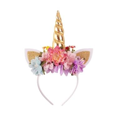 Imagem de Nishine Tiara De Unicórnio Com Imitação Flor Margarida E Glitter, Coroa Chifre Para Festa Aniversário Meninas (Dourada)