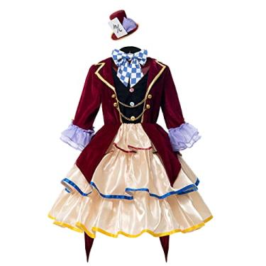 Imagem de CR ROLECOS Fantasia de Chapeleiro Maluco para meninas, crianças, conto de fadas, vestido de festa de chá, fantasia infantil de Halloween, terno com chapéu M