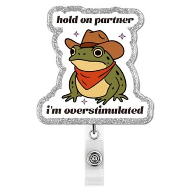 Imagem de Carretel de crachá engraçado retrátil com clipe jacaré, sapo caubói I'm Overtimulated porta-crachá de identificação para enfermeira, escritório, professor, médico, presentes para colega de trabalho