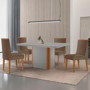 Imagem de Mesa De Jantar Isadora 120cm Tampo Mdf Vidro Com 4 Cadeiras Veludo Capuccino Off White Naturale Serigrafia