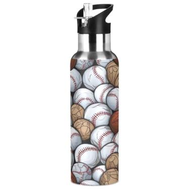Imagem de Blueangle Garrafa de água de aço inoxidável com padrão de bolas de beisebol de 947 ml - Garrafa esportiva de metal isolada à prova de vazamento para academia, acampamento, fitness ao ar livre e