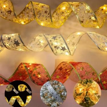 Imagem de Fita LED Decorativa de Natal, 10 Metros, 100 LEDs, Aramada, Laços Iluminados, Pisca-Pisca para Árvore e Enfeites Natalinos, 3 Cores (Prateada)