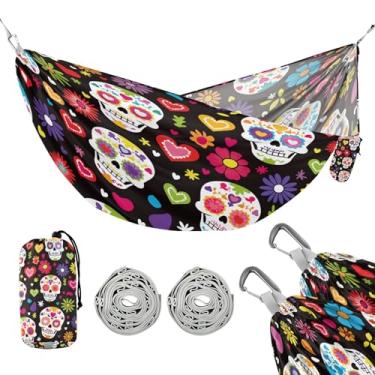 Imagem de ATTX Rede de acampamento Sugar Skull Flower – Redes leves e portáteis, capacidade de 150 kg para uso interno, caminhadas, mochilão, viagens, quintal, praia (379)