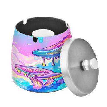 Imagem de Blueangle Lindo cinzeiro colorido de cogumelos com tampa para cigarros, à prova de vento/à prova de chuva, aço inoxidável, sem fumaça, inodoro, cinzeiro para uso interno ou externo (449)