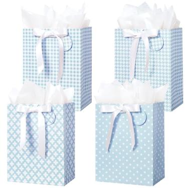 Imagem de Crisky Sacos de presente azuis tamanho médio com alças, papel de seda e fita - pacote com 4 23 cm - Sacos de presente médios para mulheres, aniversário, Natal, casamento, chá de panela, formatura e