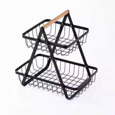 Imagem de Fruteira de Metal Multiuso 2 Andares com Alça em Madeira, Sortida, Branca e Preta, 32x20x26cm, 820g, Organizador para Cozinha