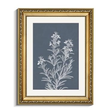 Imagem de VIYYIEA Arte de parede em tela emoldurada dourada, fundo azul esboço de alecrim