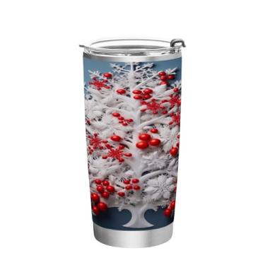 Imagem de Wassud Copo de árvore de Natal com frutas vermelhas de 340 g com tampa e canudo, copo isolado a vácuo de parede dupla de aço inoxidável, caneca de café de viagem para bebidas frias e quentes