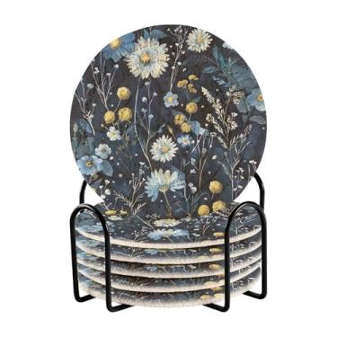 Imagem de Qilmy Conjunto de 6 peças para copos de flores de margaridas bonitas ou porta-copos de bar para bebidas, porta-copos de fazenda ou porta-copos de mesa rústicos, porta-copos modernos de algodão para o