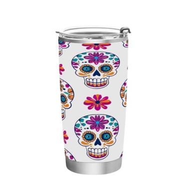 Imagem de Wassud Copo fofo de caveiras de açúcar com tampa e canudo de aço inoxidável de parede dupla copo isolado copo de viagem caneca de café para bebidas frias e quentes 590 ml