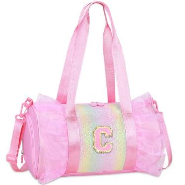 Imagem de RHCPFOVR Bolsa de dança com monograma personalizada para meninas - Mochila Oxford leve resistente à água para crianças de 3 a 8 anos para balé líder de torcida festa do pijama ginástica rosa C