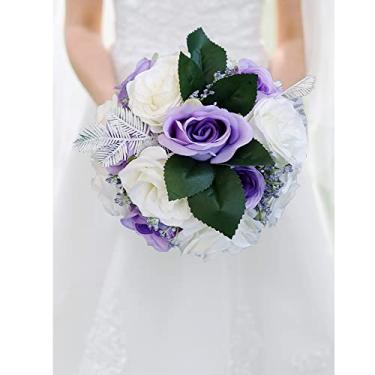 Imagem de LMJYU Buquês de casamento buquê de flores artificiais rosas brancas rosas artificiais noiva dama de honra segurando ramos de flores decoração rústica vintage