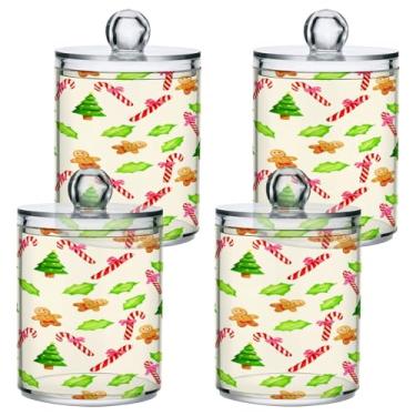 Imagem de STAYTOP 4 frascos de boticário Qtip para banheiro com etiquetas – Recipiente de armazenamento Qtip de plástico transparente para bola de algodão, cotonete, grão de café e árvore de Natal