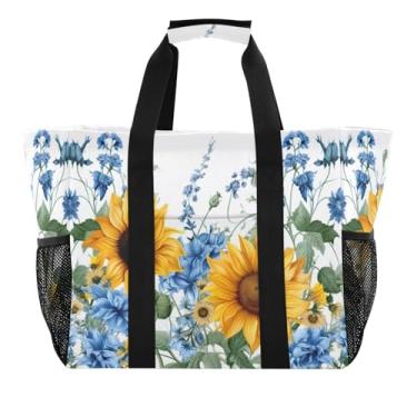 Imagem de Wassud Girassóis e Bluebells (3) sacolas de compras reutilizáveis grande bolsa de lona impermeável organizador de viagem para praia, piquenique, lavanderia