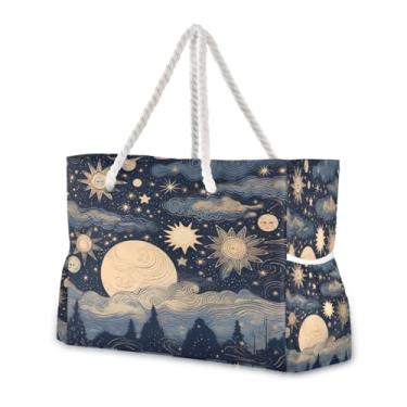 Imagem de Wassud Bolsa de praia feminina grande com estrelas e lua, impermeável, à prova de areia, bolsa de viagem com zíper e bolso para piscina, academia, acampamento