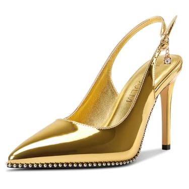 Imagem de HDEUOLM Sapato feminino stiletto salto alto bico fino com contas vestido de formatura sem cadarço 3,9 polegadas salto, Dourado, 37