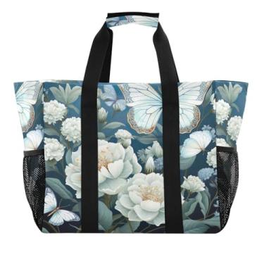 Imagem de Wassud Sacolas de compras reutilizáveis de flor branca grande bolsa organizadora de lona impermeável para praia, piquenique, lavanderia, viagem