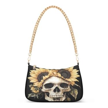 Imagem de CEBUGI Bolsas transversais femininas bolsa de ombro caveira girassóis bolsa clutch elegante com alça de corrente
