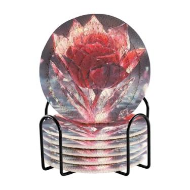 Imagem de Conjunto de 6 porta-copos redondos de rosa vermelha cristal com rack de armazenamento preto porta-copos de mesa de centro