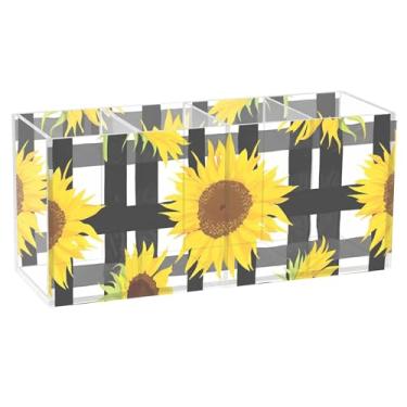 Imagem de TSENQUE Lindo porta-lápis para caneta, mesa de girassol, amarelo, preto, branco, grade, acrílico, porta-pincéis, canetas, canetas, marcadores, organizador personalizado, decoração de mesa