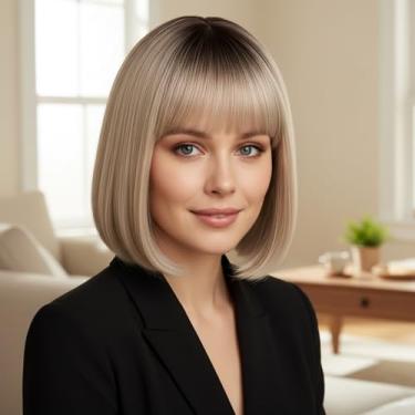 Imagem de Peruca loira em camadas com franja para mulheres, peruca sintética com destaque ombré, reta, curta, 33 cm, aparência natural, uso diário (loira)