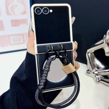 Imagem de Capa de couro espelhado de luxo para Samsung Galaxy Z Flip 3 4 5 6 7 5g Zflip7 Fe Flip6 com cordão e proteção para dobradiça (para Galaxy Z Flip7/Preto)