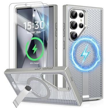 Imagem de Jshru Capa magnética para Samsung Galaxy S24-Ultra com [2 peças] protetores de tela HD, [3 formas de suporte] [proteção contra quedas de grau militar] com suporte invisível translúcido, capa fina para