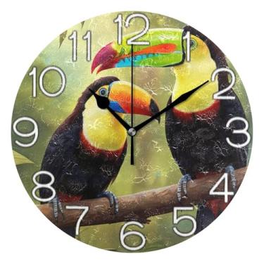 Imagem de GAIGEO Relógio de parede decorativo analógico para sala de aula relógio de escritório redondo sem tique-taque silencioso, decoração de parede de sala de estar moderna, pássaro tucano engraçado