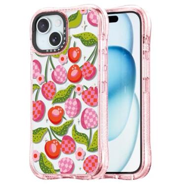Imagem de Rosarnnah Capa para iPhone 15 fofa - Capa de telefone à prova de choque com proteção contra quedas de grau militar de 6 m - Design engraçado xadrez cereja (6,5 cm) rosa brilhante