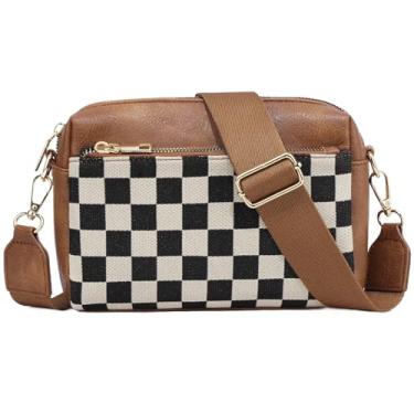 Imagem de ARGINAO Bolsa tiracolo feminina de couro vegano com alça bordada, Xadrez (marrom) elegante