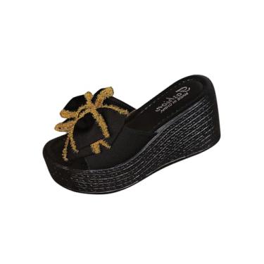 Imagem de Chinelos femininos modernos com laço, boca de peixe, plataforma, respirável, uso casual, vários, Preto, 35
