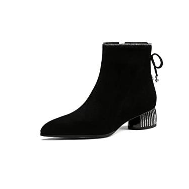 Imagem de TinaCus Bota feminina de couro de camurça de bico fino feita à mão com zíper lateral salto baixo grosso clássico, Preto, 38