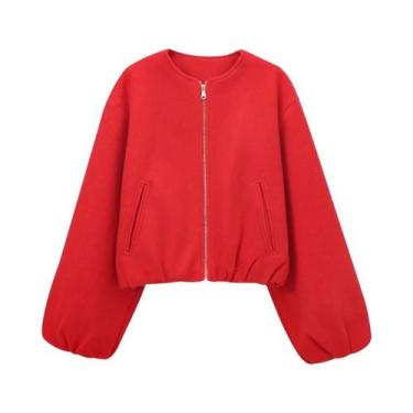 Imagem de Jaqueta Bomber Cropped Feminina Estilo Varsity Com Zíper Manga Longa V