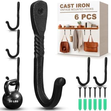 Imagem de LEIFIDE Pacote com 6 ganchos de ferro forjado, ganchos de ferro fundido pretos montados na parede, decorativos, feitos à mão, rack de metal rústico para pendurar toalha, casaco, roupão, chapéu, bolsas