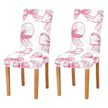 Imagem de SEHANY Conjunto de 2 capas de cadeira com laço de bolinhas rosa para sala de jantar, elástico, removível e lavável, para cozinha, hotel, festa, Natal