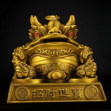 Imagem de FENNYYAR Ornamento de cobre puro dourado de sapo de três pernas, 23 cm, decoração de escritório de sala de estar atraída pela riqueza