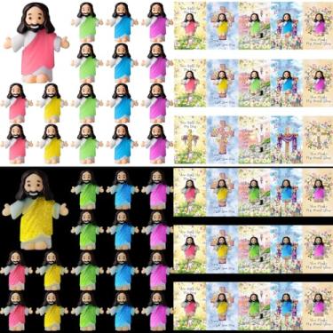Imagem de CroBlissful 50 conjuntos de mini figuras de Jesus que brilham no escuro com cartões para presentes cristãos de Páscoa, pequenas estatuetas luminosas de festa religiosa para batismo na igreja (estilo