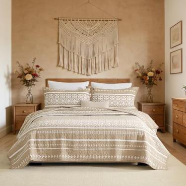 Imagem de Qiqiong Conjunto de colcha boho tamanho Queen - Colcha boêmia listrada 100% algodão - Edredom acolchoado leve - Cobertor de 3 peças para todas as estações - cáqui