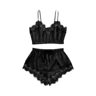 Imagem de Conjunto De Pijamas Sexy De Renda E Seda Para Mulheres, Decote Em V, S